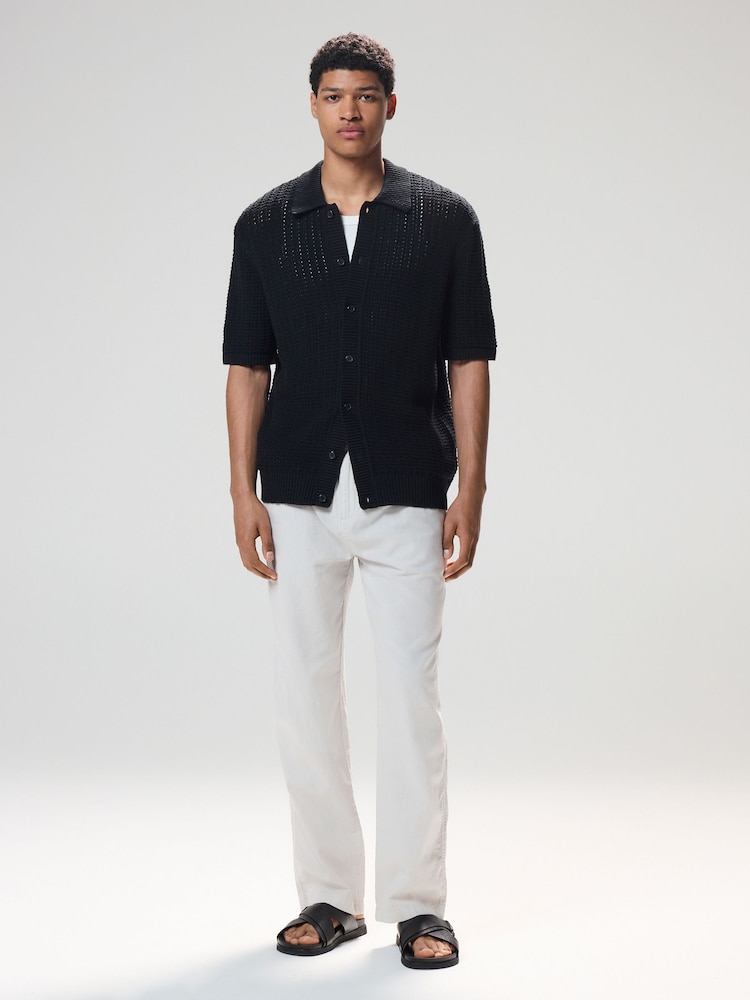Black Relaxed Fit Cotton Blend Short Sleeve Open Knit Button Through Polo Shirt - Image 2 of 10