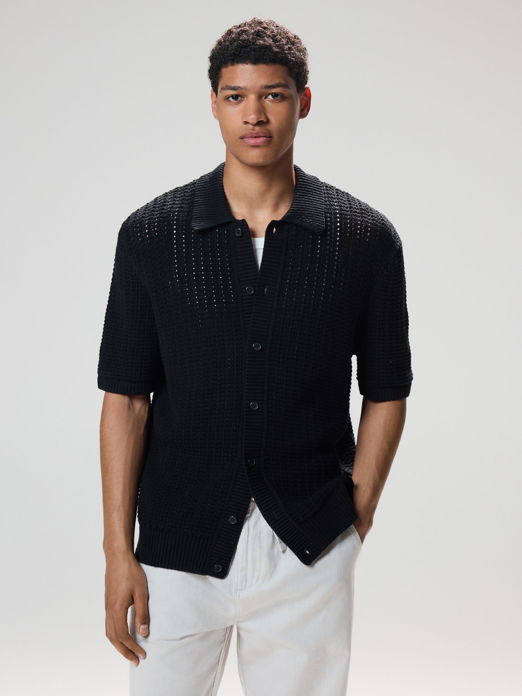 Buy Black Relaxed Fit Cotton Blend Short Sleeve Open Knit Button