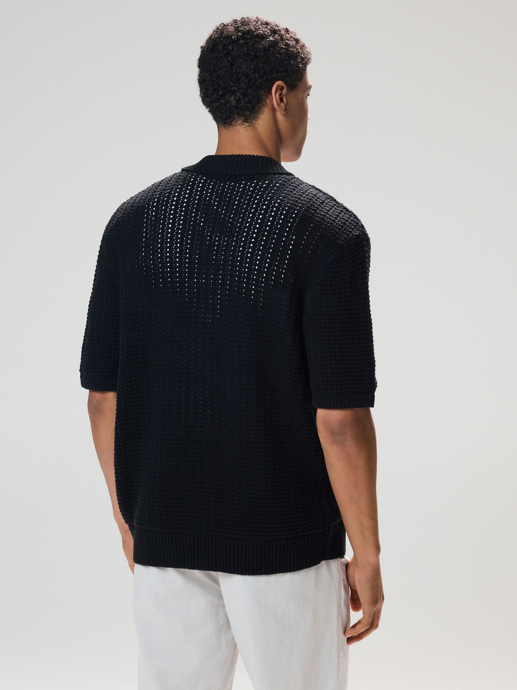 Buy Black Relaxed Fit Cotton Blend Short Sleeve Open Knit Button