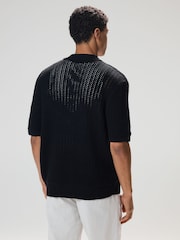 Black Relaxed Fit Cotton Blend Short Sleeve Open Knit Button Through Polo Shirt - Image 4 of 10