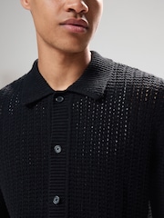 Black Relaxed Fit Cotton Blend Short Sleeve Open Knit Button Through Polo Shirt - Image 5 of 10