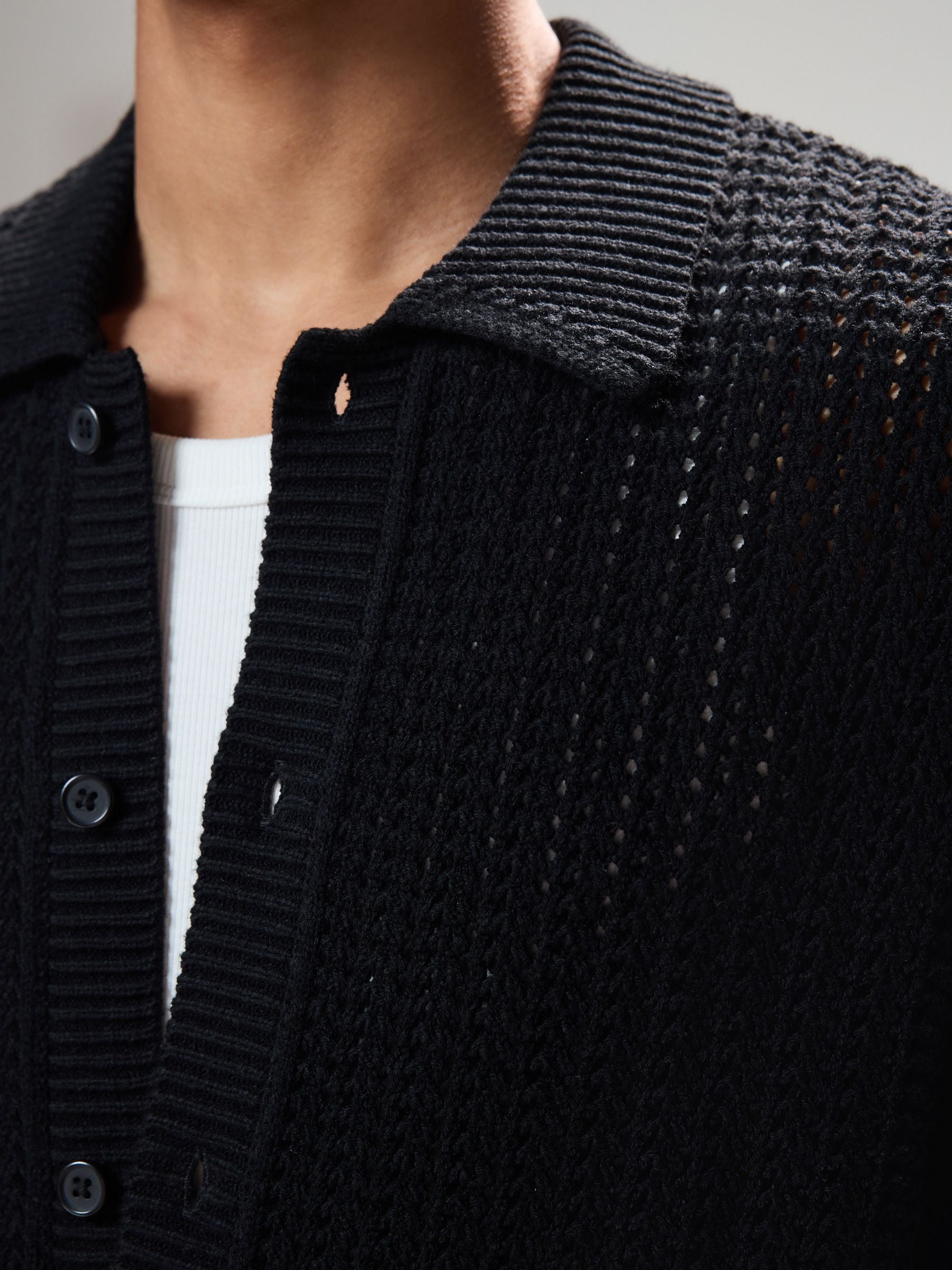 Buy Black Relaxed Fit Cotton Blend Short Sleeve Open Knit Button