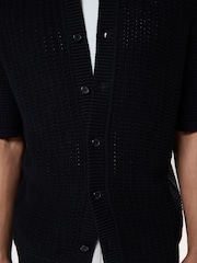 Black Relaxed Fit Cotton Blend Short Sleeve Open Knit Button Through Polo Shirt - Image 7 of 10