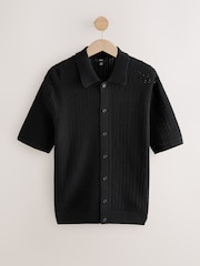 Black Relaxed Fit Cotton Blend Short Sleeve Open Knit Button Through Polo Shirt - Image 8 of 10