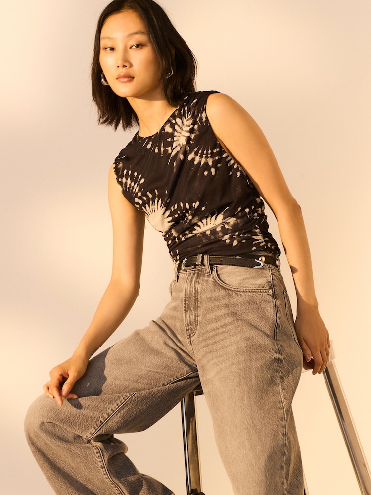 Black/White Print Sleeveless Ruched Mesh Top - Image 1 of 5