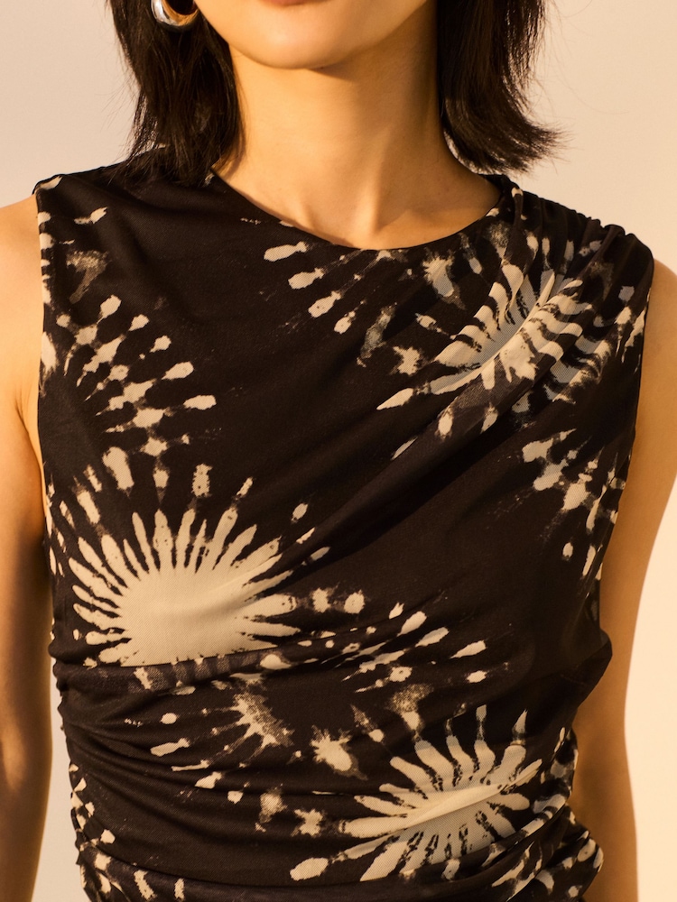 Black/White Print Sleeveless Ruched Mesh Top - Image 5 of 5