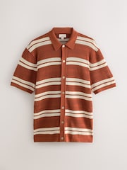 Rust Orange Regular Fit Silk Rich Signature Stripe Short Sleeve Knit Crochet Button Through Polo Shirt - Image 1 of 3