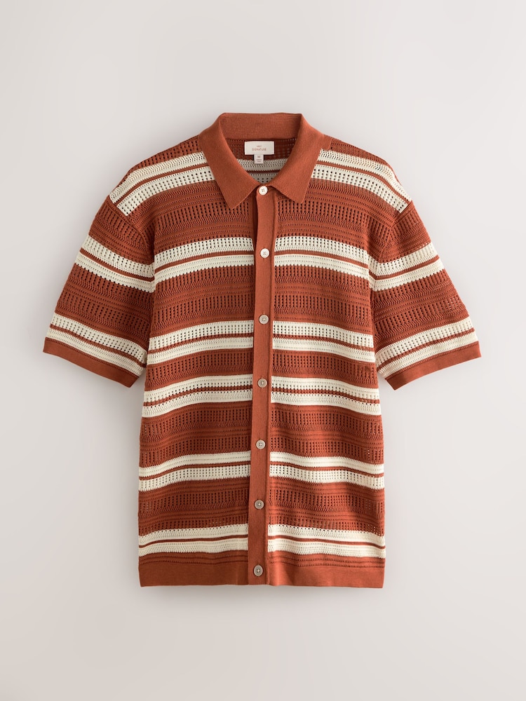 Rust Orange Regular Fit Silk Rich Signature Stripe Short Sleeve Knit Crochet Button Through Polo Shirt - Image 1 of 3