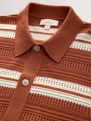 Rust Orange Regular Fit Silk Rich Signature Stripe Short Sleeve Knit Crochet Button Through Polo Shirt - Image 2 of 3