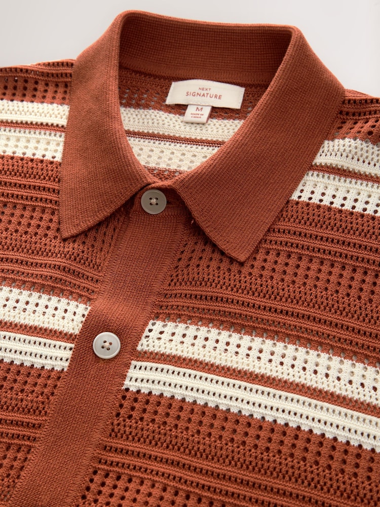 Rust Orange Regular Fit Silk Rich Signature Stripe Short Sleeve Knit Crochet Button Through Polo Shirt - Image 2 of 3