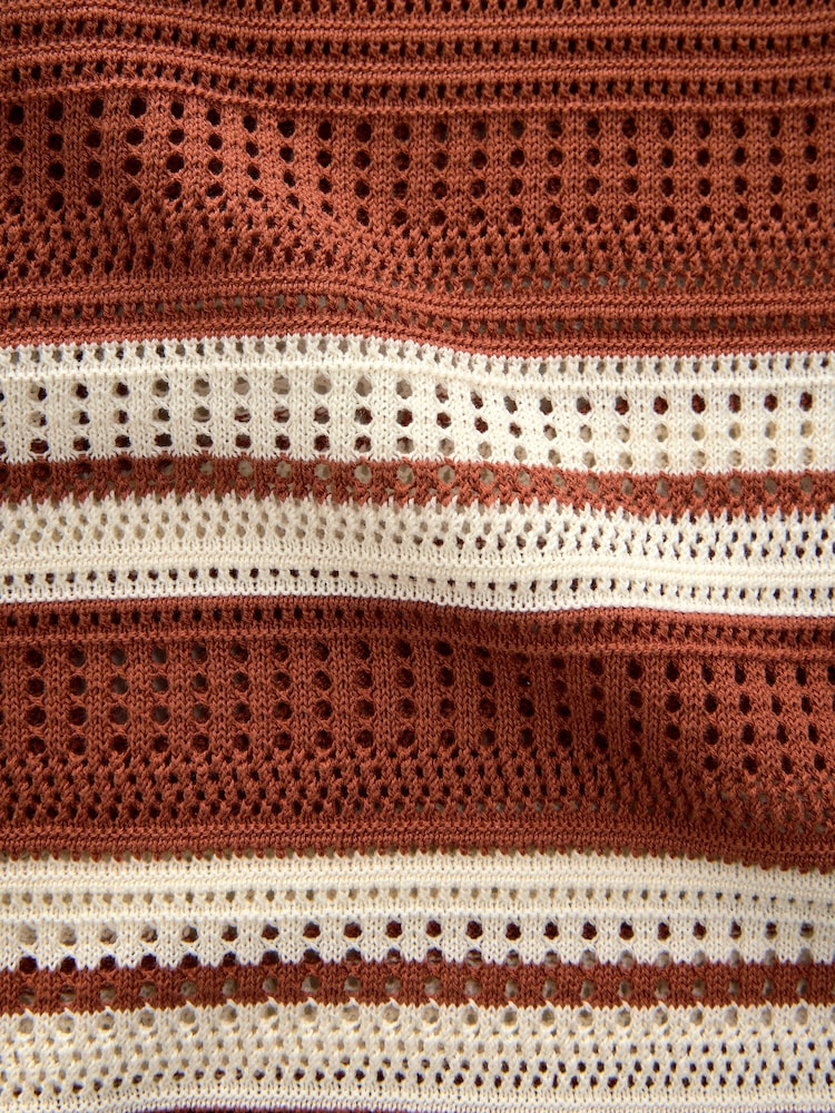 Rust Orange Regular Fit Silk Rich Signature Stripe Short Sleeve Knit Crochet Button Through Polo Shirt - Image 3 of 3