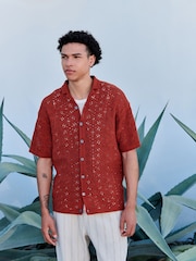 Rust Red Relaxed Fit Cotton Rich Short Sleeve Crochet Knit Shirt with Cuban Collar - Image 1 of 10