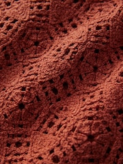 Rust Red Relaxed Fit Cotton Rich Short Sleeve Crochet Knit Shirt with Cuban Collar - Image 10 of 10
