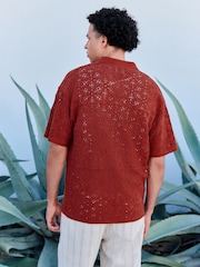 Rust Red Relaxed Fit Cotton Rich Short Sleeve Crochet Knit Shirt with Cuban Collar - Image 2 of 10