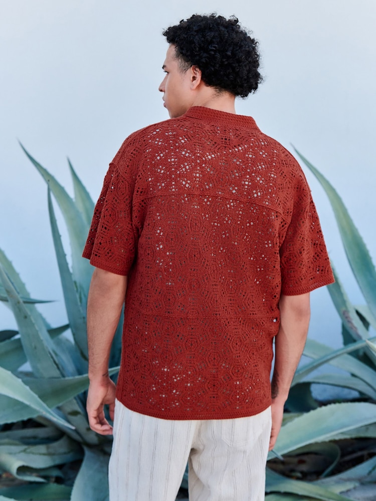 Rust Red Relaxed Fit Cotton Rich Short Sleeve Crochet Knit Shirt with Cuban Collar - Image 2 of 10