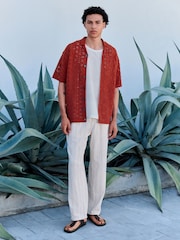 Rust Red Relaxed Fit Cotton Rich Short Sleeve Crochet Knit Shirt with Cuban Collar - Image 3 of 10