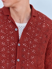 Rust Red Relaxed Fit Cotton Rich Short Sleeve Crochet Knit Shirt with Cuban Collar - Image 5 of 10
