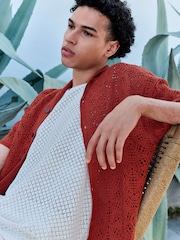 Rust Red Relaxed Fit Cotton Rich Short Sleeve Crochet Knit Shirt with Cuban Collar - Image 6 of 10