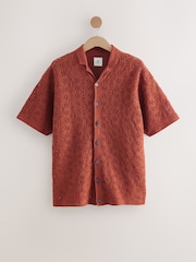 Rust Red Relaxed Fit Cotton Rich Short Sleeve Crochet Knit Shirt with Cuban Collar - Image 8 of 10
