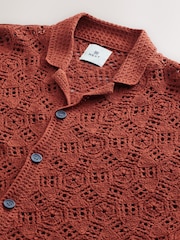Rust Red Relaxed Fit Cotton Rich Short Sleeve Crochet Knit Shirt with Cuban Collar - Image 9 of 10