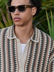 Neutral/Sage Green - Relaxed Fit Cotton Rich Short Sleeve Crochet Knit Button Through Polo Shirt - صورة 5 من 8