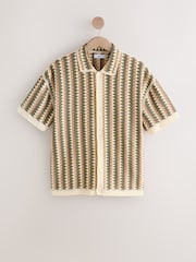 Neutral/Sage Green - Relaxed Fit Cotton Rich Short Sleeve Crochet Knit Button Through Polo Shirt - صورة 6 من 8