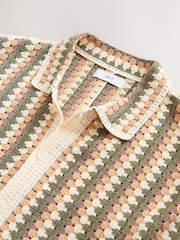 Neutral/Sage Green - Relaxed Fit Cotton Rich Short Sleeve Crochet Knit Button Through Polo Shirt - صورة 7 من 8