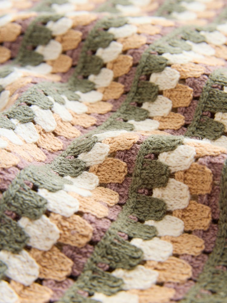 Neutral/Sage Green - Relaxed Fit Cotton Rich Short Sleeve Crochet Knit Button Through Polo Shirt - صورة 8 من 8