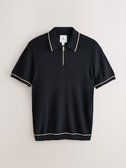 Black Regular Fit Cotton Rich Tipped Short Sleeve Quarter Zip Knit Polo Shirt - Image 1 of 3
