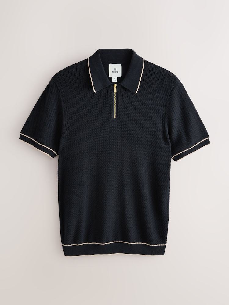 Black Regular Fit Cotton Rich Tipped Short Sleeve Quarter Zip Knit Polo Shirt - Image 1 of 3