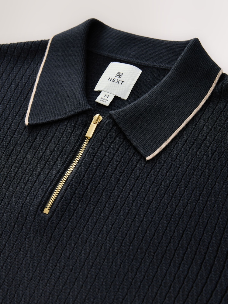 Black Regular Fit Cotton Rich Tipped Short Sleeve Quarter Zip Knit Polo Shirt - Image 2 of 3