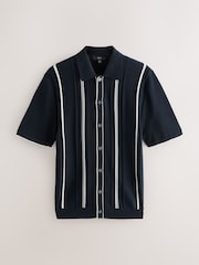 Navy Blue Regular Fit Cotton Rich Short Sleeve Vertical Stripe Knit Button Through Polo Shirt - Image 1 of 3