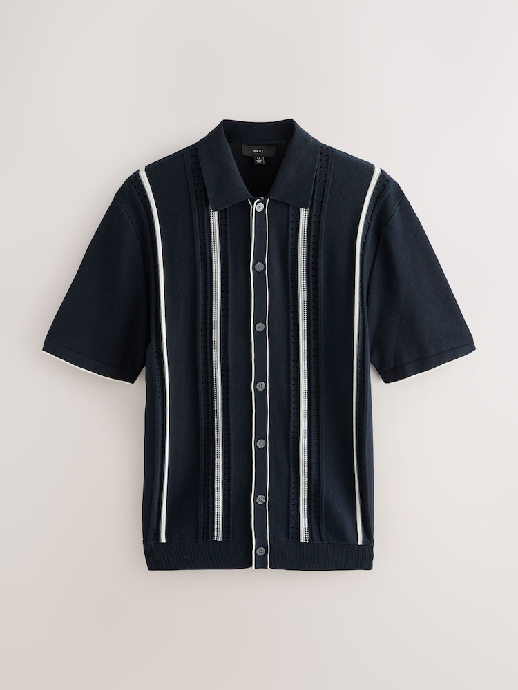 Navy Blue Regular Fit Cotton Rich Short Sleeve Vertical Stripe Knit Button Through Polo Shirt - Image 1 of 3