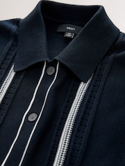 Navy Blue Regular Fit Cotton Rich Short Sleeve Vertical Stripe Knit Button Through Polo Shirt - Image 2 of 3