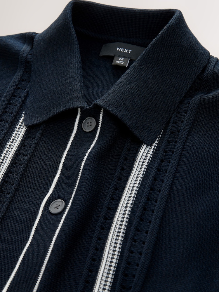 Navy Blue Regular Fit Cotton Rich Short Sleeve Vertical Stripe Knit Button Through Polo Shirt - Image 2 of 3 Navy Blue Regular Fit Cotton Rich Short Sleeve Vertical Stripe Knit Button Through Polo Shirt - Image 2 of 3