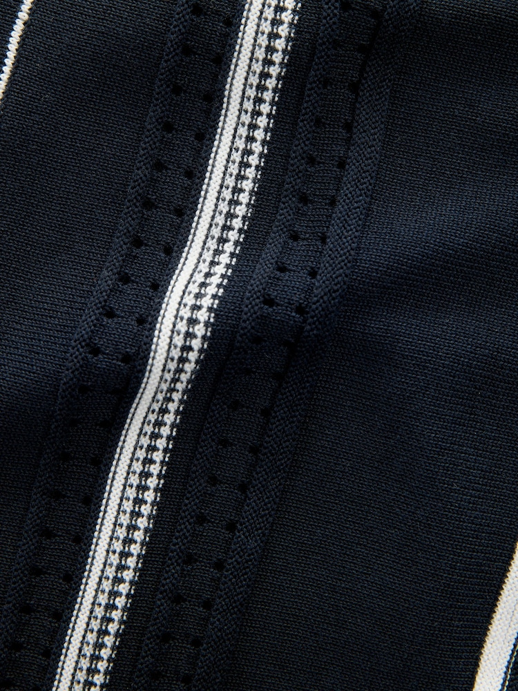 Navy Blue Regular Fit Cotton Rich Short Sleeve Vertical Stripe Knit Button Through Polo Shirt - Image 3 of 3