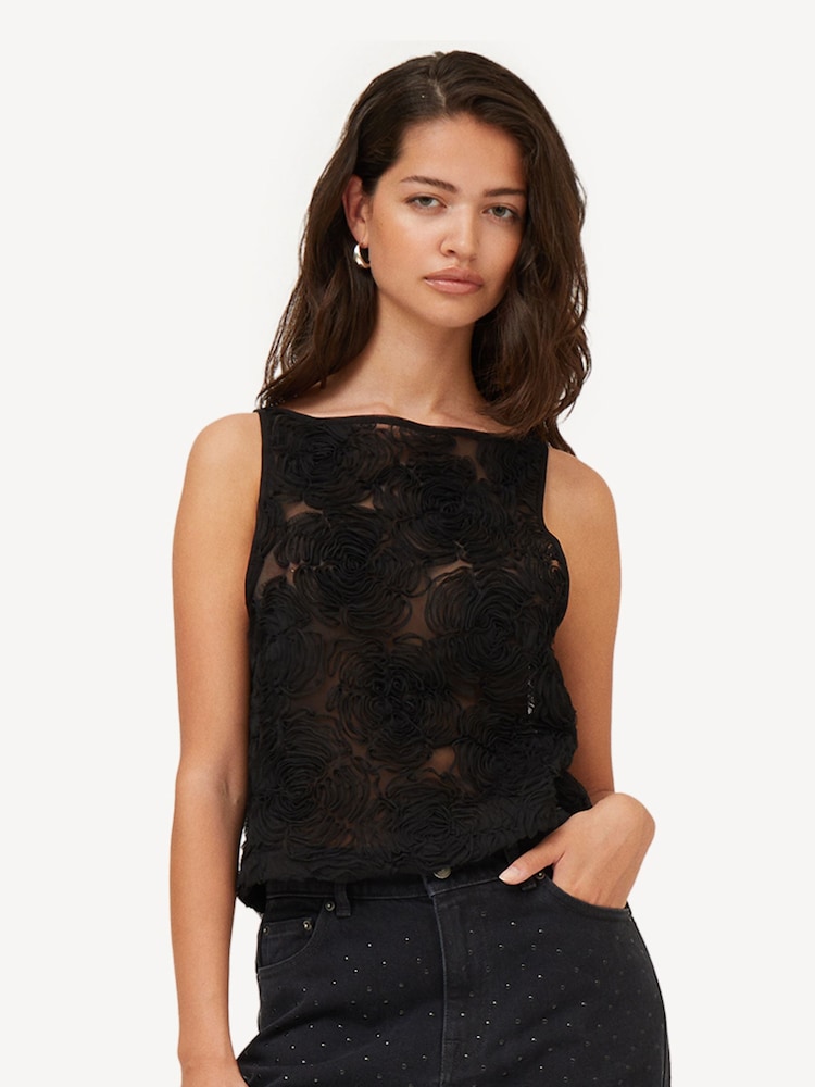Rotate Black Flower Mesh Boatneck Top - Image 1 of 5 Rotate Black Flower Mesh Boatneck Top - Image 1 of 5