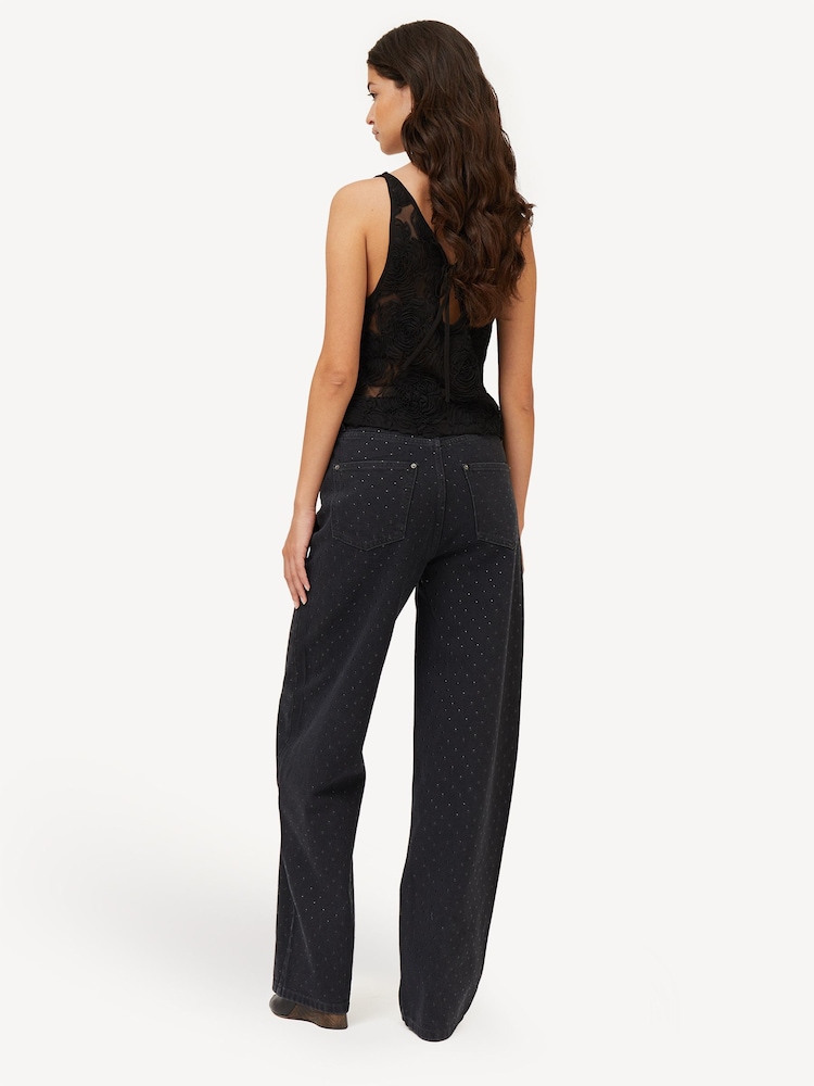 Rotate Black Flower Mesh Boatneck Top - Image 2 of 5 Rotate Black Flower Mesh Boatneck Top - Image 2 of 5