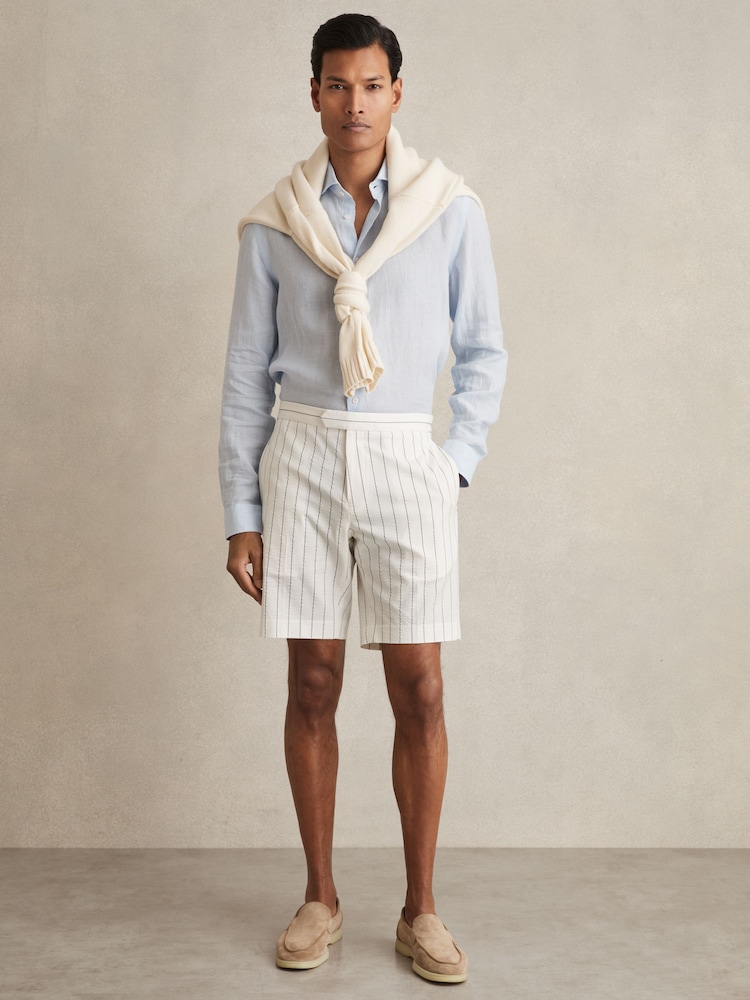 Reiss White/Navy Regatta Cotton-Blend Pinstripe Shorts - Image 1 of 6