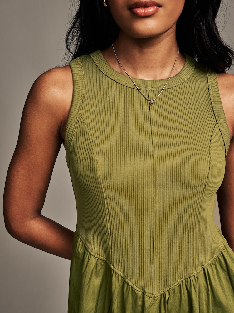 Khaki Green Woven Jersey Mix Sleeveless Racer Ribbed Midi Dress - Image 3 of 7