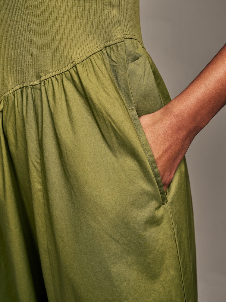 Khaki Green Woven Jersey Mix Sleeveless Racer Ribbed Midi Dress - Image 4 of 7
