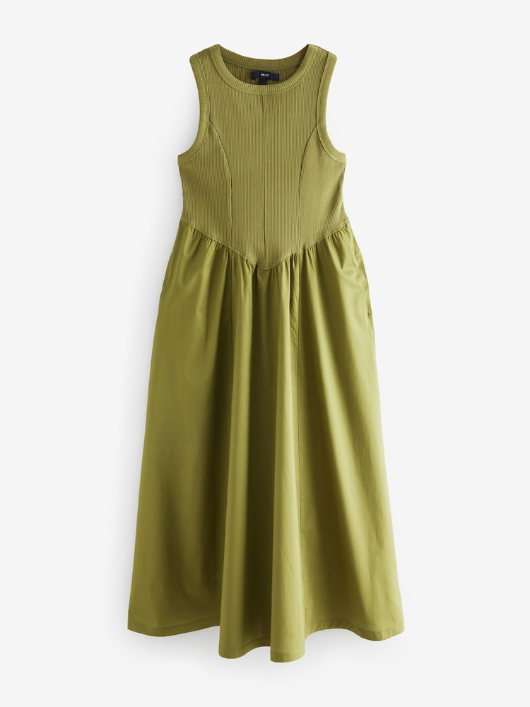 Khaki Green Woven Jersey Mix Sleeveless Racer Ribbed Midi Dress - Image 5 of 7