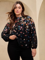 Lipsy Black Curve Print High Neck Blouson Blouse - Image 1 of 4