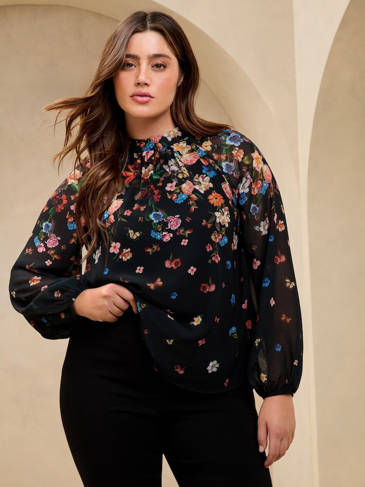 Lipsy Black Curve Print High Neck Blouson Blouse - Image 1 of 4