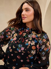Lipsy Black Curve Print High Neck Blouson Blouse - Image 3 of 4