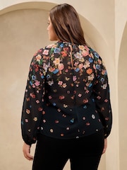 Lipsy Black Curve Print High Neck Blouson Blouse - Image 4 of 4