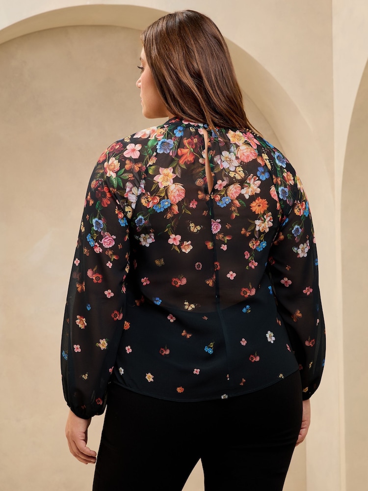 Lipsy Black Curve Print High Neck Blouson Blouse - Image 4 of 4
