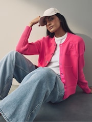 Pink Knitted Bomber Jacket Cardigan - Image 1 of 9