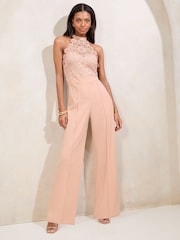 Lipsy Nude Pink Halter Lace Mix Flower Trim Jumpsuit - Image 1 of 4