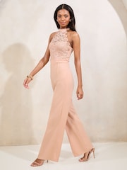 Lipsy Nude Pink Halter Lace Mix Flower Trim Jumpsuit - Image 3 of 4